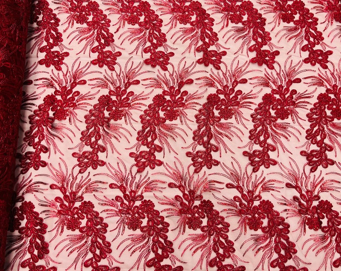 Metallic Burgundy Corded Floral Lace Fabric, by the yard - Embroidery With Sequins on a Mesh Lace Fabric For Gown, Wedding-Bridal