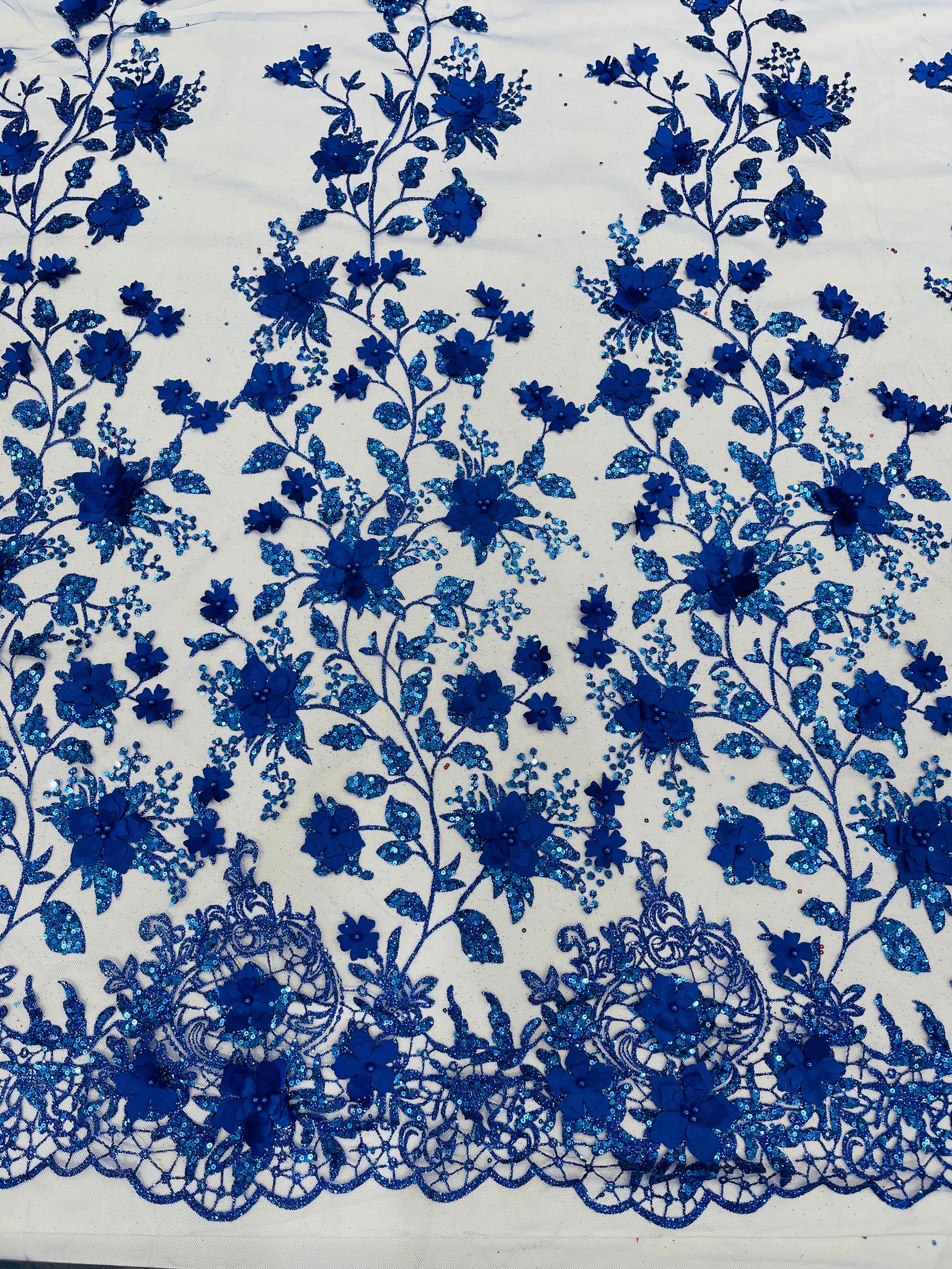 Royal Blue 3D Flower Glitter Sequin Fabric by the Yard, 3D Floral ...