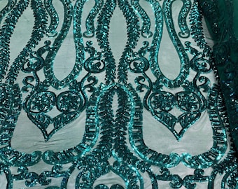 Jade Green Sequins Lace Fabric On a Mesh, DAMASK Design Embroidered On 4 way Stretch Sequin By The Yard -Prom-Gown ( Choose The Size )