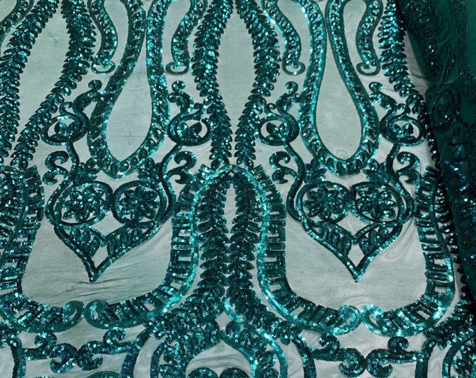 Jade Green Sequins Lace Fabric On a Mesh, DAMASK Design Embroidered On 4 way Stretch Sequin By The Yard -Prom-Gown ( Choose The Size )