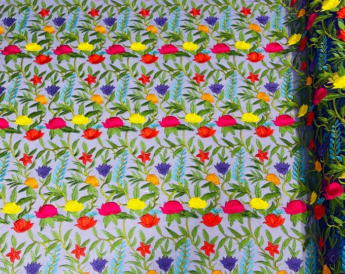 Multi color Flower, Floral Lace - by the yard- Embroidered on Purple Mesh Lace Fabric, Bridal Wedding Floral Mesh (Pick a Size)