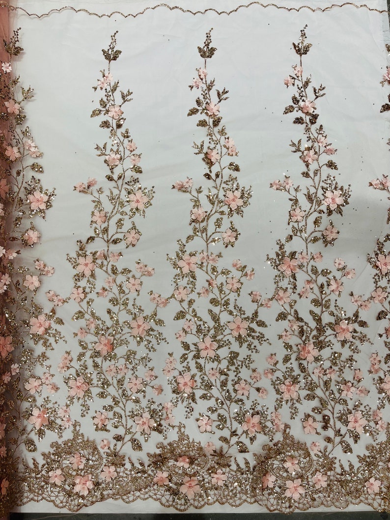 Rose Gold 3D Flower Glitter Sequin Fabric by the Yard, 3D Floral ...