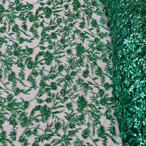 Hunter Green Floral Pattern Beaded Fabric - Embroidered Beaded & Sequins Wedding Bridal Fabric Sold By The Yard