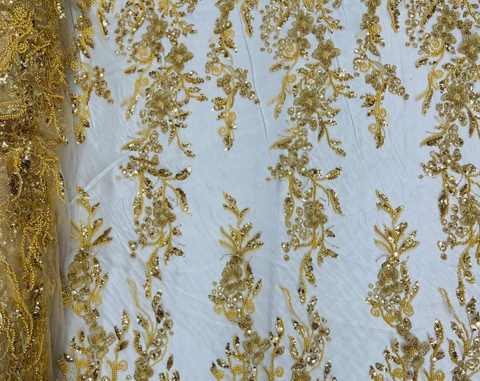 GOLD Flower Beaded Fabric - Embroidered Beaded With Sequins Wedding Bridal Fabric Sold By The Yard