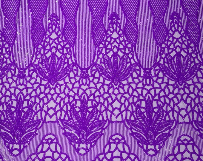 Neon Lilac Sequin Fabric | Floral Damask Design on a 4 Way Stretch | Sequins Lace | Spandex Fabric For Prom-Gown By The Yard