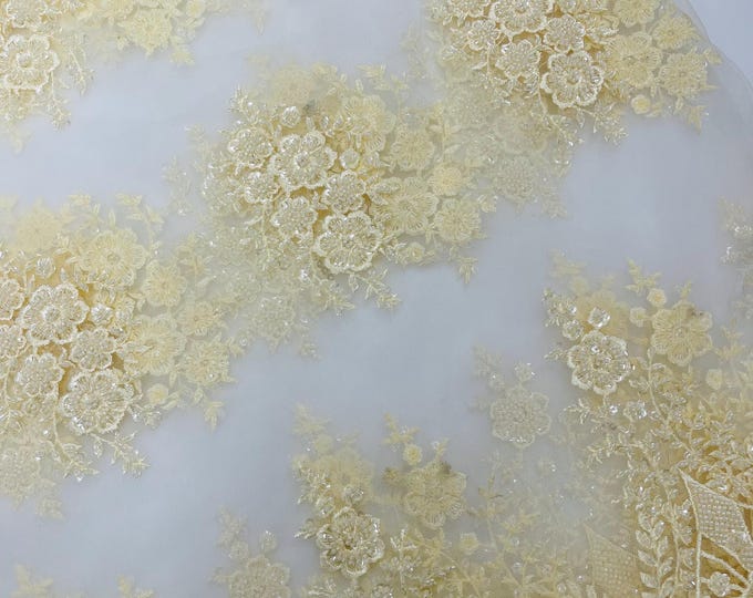 Ivory Cream Embroidery Beaded Fabric With Sequin on a Mesh, JP Desing Beaded Fabric Floral Bridal Lace Fabric by the yard