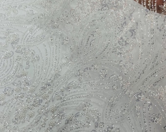White Fashion Design Beads and Sequins, Luxury Beaded Fabric Embroidered on a Mesh Lace,Wedding,Bridal,Dress Sold By The Yard