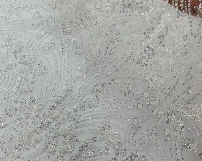 White Fashion Design Beads and Sequins, Luxury Beaded Fabric Embroidered on a Mesh Lace,Wedding,Bridal,Dress Sold By The Yard