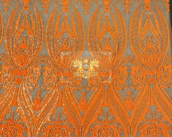 Orange Damask Sequins Fabric: 4-Way Stretch Mesh, Sold By The Yard