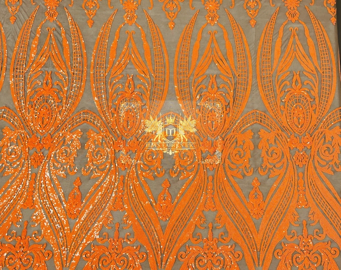 Orange Sequins Fabric on a Coffee Mesh - Damask Design 4 Way Stretch Sequin Fabric Sold By The Yard