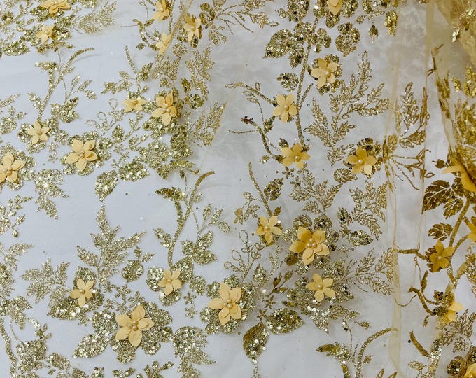 Gold 3D Flower Sequin Fabric, Glitter Floral Tulle Lace, Wedding Dress, Quinceañera
