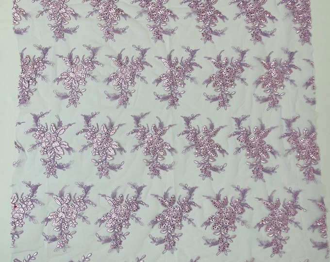 Lilac Floral Lace Fabric by the yard - Embroidery With Sequins on a Mesh Lace Fabric For Gown, Wedding-Bridal