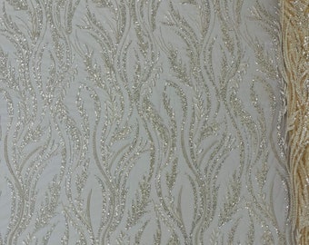 Nude Wavy Lines Leaf Pattern Beaded Fabric - Embroidered Line Beaded Wedding Bridal Fabric Sold By The Yard