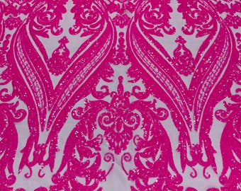 Iridescent Hot Pink on Light Pink Mesh - 4 Way Stretch Fancy Big Damask Design Sequins on Spandex Mesh Prom Gala Gown Fabric By The Yard