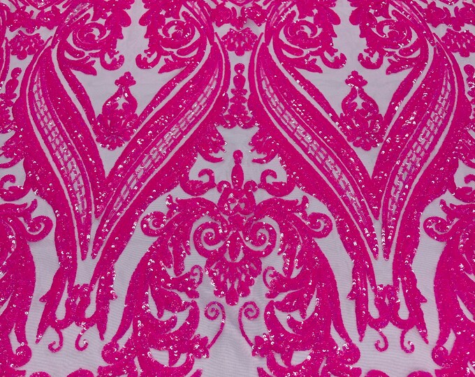 Iridescent Hot Pink on Light Pink Mesh - 4 Way Stretch Fancy Big Damask Design Sequins on Spandex Mesh Prom Gala Gown Fabric By The Yard
