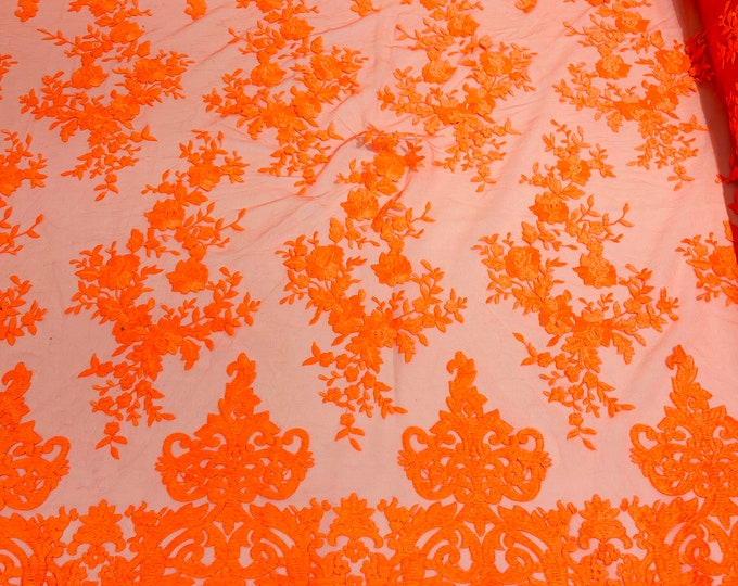 Neón Orange Bridal Lace - by the yard - Damask Design Embroidered on Mesh Lace Fabric, Floral Wedding Dress (Pick a Size)