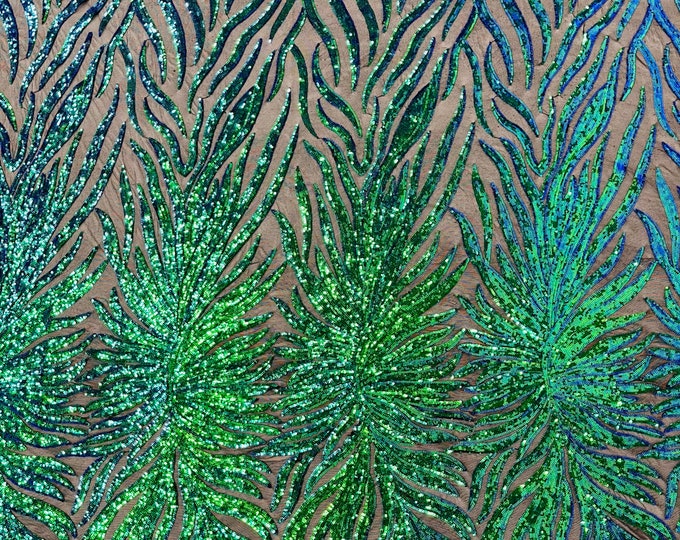 Mermaid Green Iridescent Sequin, Black Mesh - 4 Way Stretch Phoenix Wing Sequin Spandex Mesh Fabric for Prom Gala Gown Sold By Yard