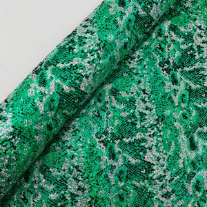 Green Silver Glitter Snake Design Shattered Glass Nylon Spandex Fabric By Yard, Snake Flocking Hologram, Glitter Snake Nylon Spandex Fabric