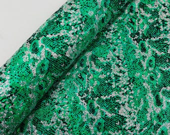 Green Silver Glitter Snake Design Shattered Glass Nylon Spandex Fabric By Yard, Snake Flocking Hologram, Glitter Snake Nylon Spandex Fabric