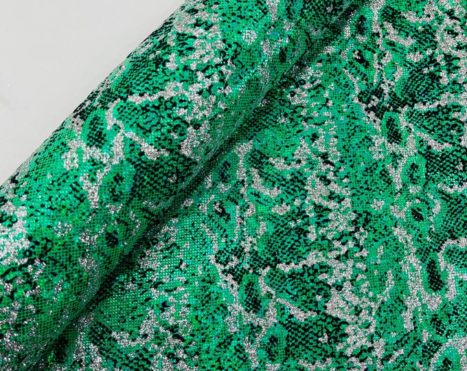 Green Silver Glitter Snake Design Shattered Glass Nylon Spandex Fabric By Yard, Snake Flocking Hologram, Glitter Snake Nylon Spandex Fabric