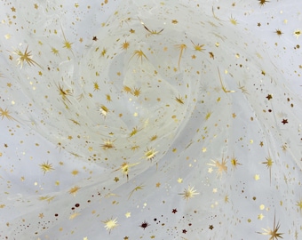 Ivory Gold Sheer Organza Fabric with Foil Stars - 60" Wide