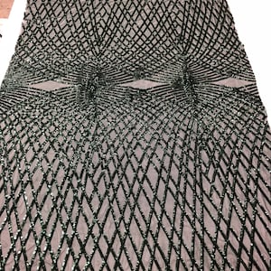 Hunter Green Diamond Sequin Fabric - by the yard - On Power Mesh 4 Way Stretch Sequins Fabric