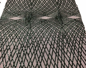 Hunter Green Diamond Sequin Fabric - by the yard - On Power Mesh 4 Way Stretch Sequins Fabric