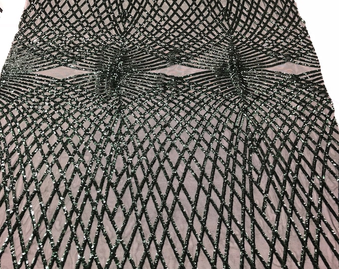 Hunter Green Diamond Sequin Fabric - by the yard - On Power Mesh 4 Way Stretch Sequins Fabric