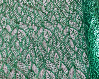 Hunter Green Wavy Lines Leaf Pattern Wedding Beaded Fabric - Embroidered Line Bridal Beaded Lace Fabric Sold By The Yard