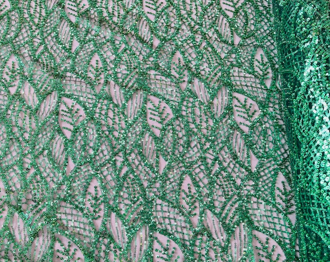 Hunter Green Wavy Lines Leaf Pattern Wedding Beaded Fabric - Embroidered Line Bridal Beaded Lace Fabric Sold By The Yard