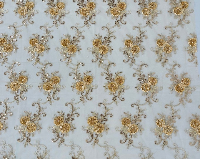 Champagne Floral Lace Fabric - By The Yard - Embroidery Flower With Sequins on a Mesh Lace Fabric For Gown, Wedding-Bridal