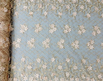Peach 3D Floral Lace Fabric with Pearls: Bridal Wedding Dress Material