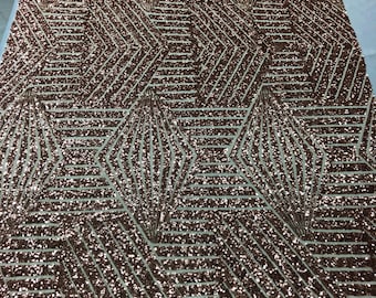 Rose Gold Geometric Design On a Mesh-Prom-Gown, 2 Way Stretch Sequin Fabric By The Yard