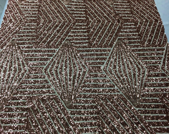 Rose Gold Geometric Design On a Mesh-Prom-Gown, 2 Way Stretch Sequin Fabric By The Yard
