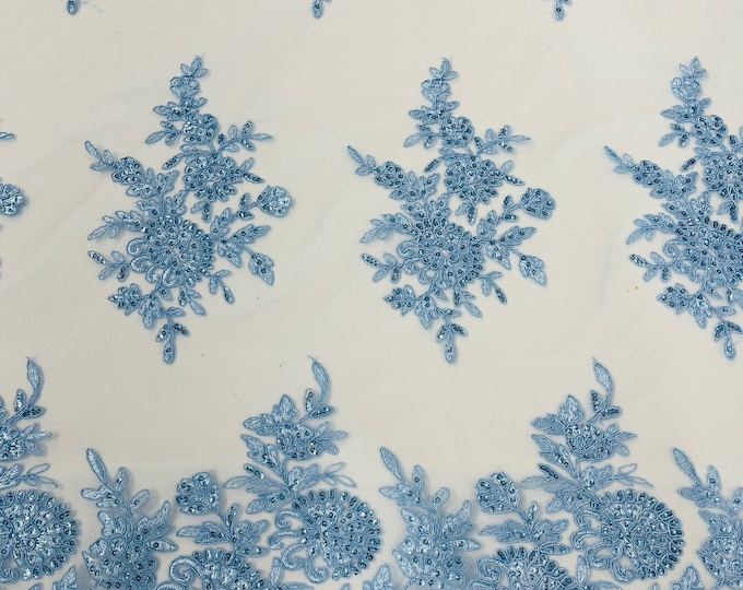Blue Lace Flower Design Embroidered on Mesh Lace Fabric, Floral Bridal Lace Wedding Dress by the Yard (Pick a Size)