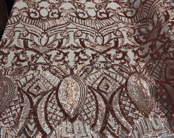 Rose Gold Sequin Fabric, Blush Embroidered Mesh, Royalty Design, Prom Gown Fabric