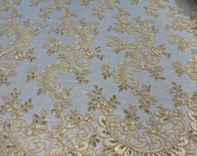 Beige Floral Lace Fabric, Embroidery With Sequins on a Mesh Lace Fabric By The Yard For Gown, Wedding-Bridal (Choose The Quantity)