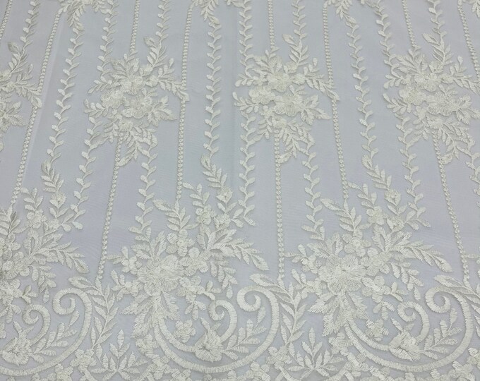Ivory Floral Lace Fabric, Embroidery on a Mesh Lace Fabric For Gown, Wedding-Bridal-Dress By The Yard