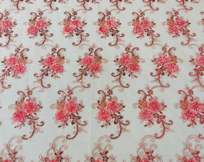 Peach with Pink Flower Floral Lace Fabric - By The Yard - Embroidery Flower With Sequins on a Mesh Lace Fabric For Gown, Wedding-Bridal