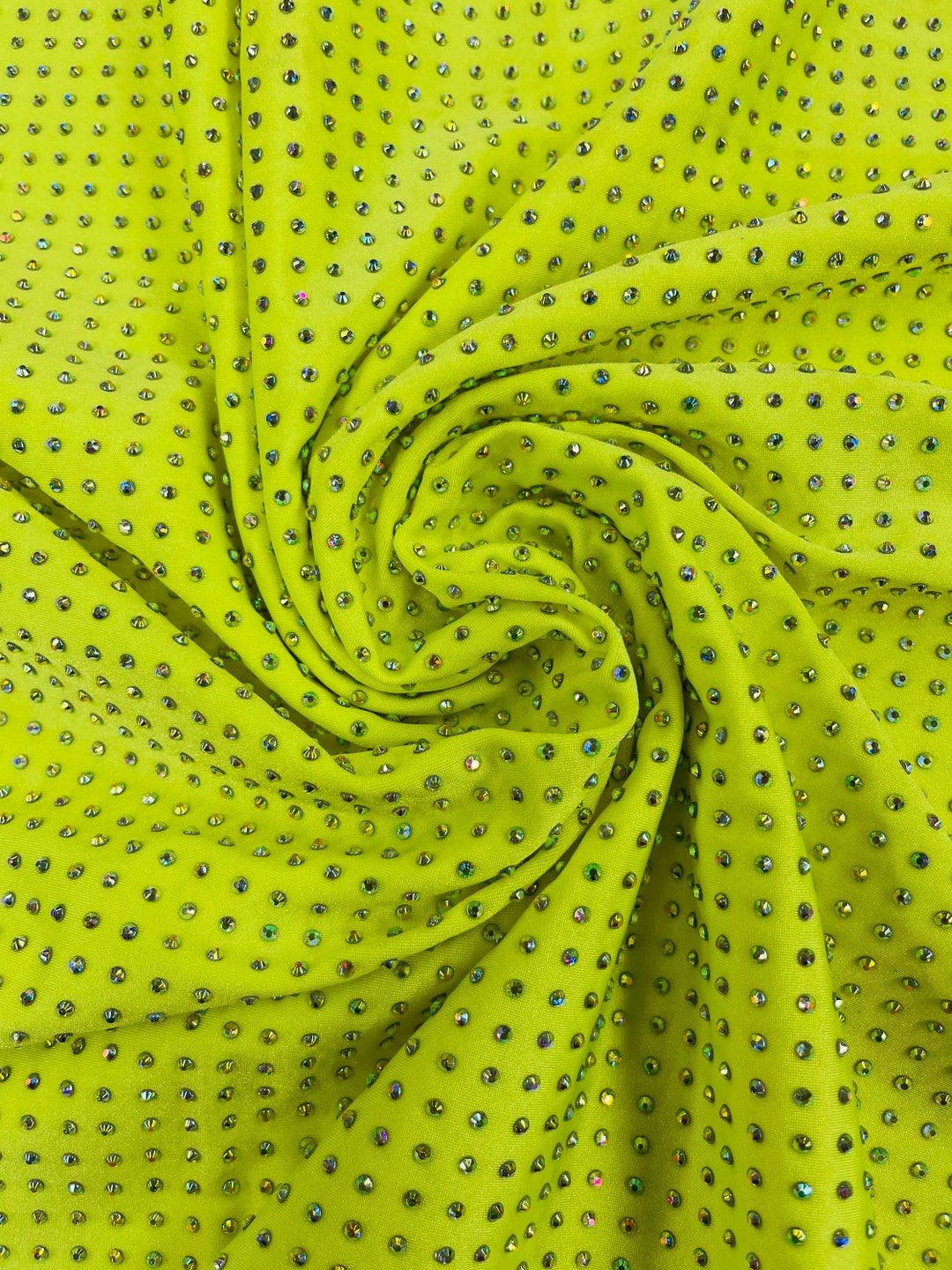 New Luxury Rhinestone on Neon Yellow Spandex 4 Way Stretch Fabric 60