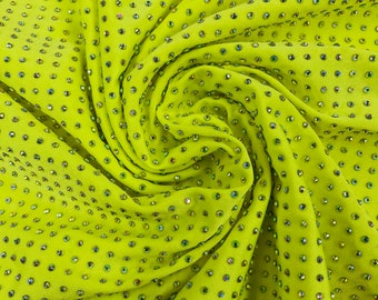 Neon Yellow Rhinestone Spandex Fabric: 4-Way Stretch, 60" Wide, Prom Dress Material by the yard
