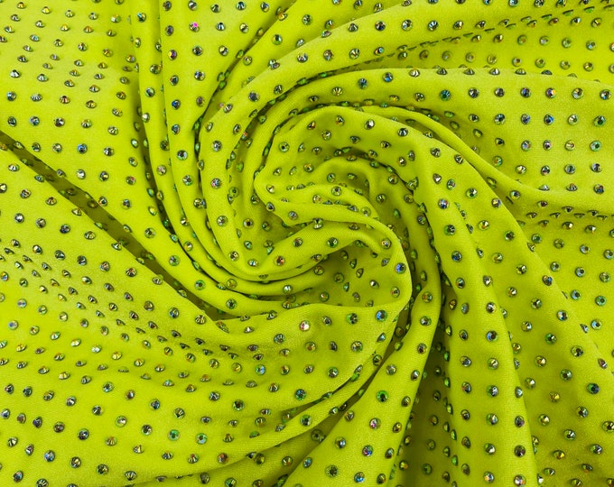 New Luxury Rhinestone on Neon Yellow Spandex 4 Way stretch Fabric 60" Wide, Rhinestone Fabric-Prom-Drees sold by the yard ( Pick a Size )