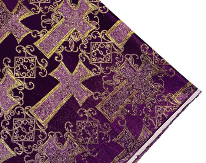 Purple Gold Liturgical Metallic Cross Brocade Fabric By The Yard, Religious Brocade, Cross Brocade Jacquard, Ecclesiastical Jacquard-Church