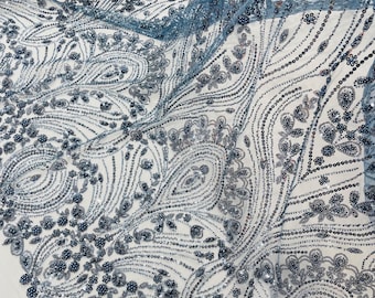 Smoke Blue Beaded Lace Fabric: Embroidered Mesh, Bridal Wedding Dress