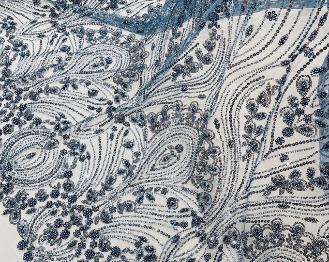 Smoke Blue Fashion Design Beads and Sequins, Luxury Beaded Fabric Embroidered on a Mesh Lace,Wedding,Bridal,Dress Sold By The Yard
