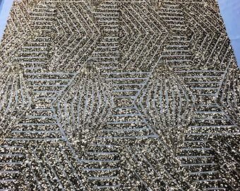 Gold Geometric Design On Spandex Mesh-Prom-Gown, 2 Way Stretch Sequin Fabric By The Yard