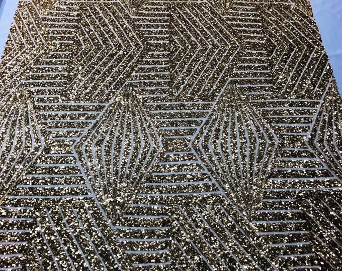Gold Geometric Design On Spandex Mesh-Prom-Gown, 2 Way Stretch Sequin Fabric By The Yard