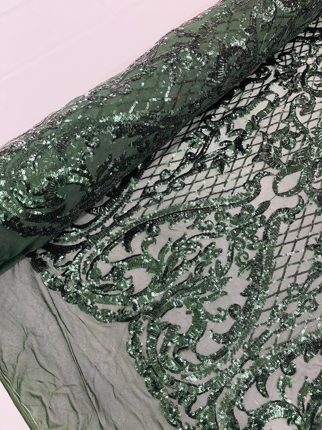 Hunter Green Sequin Fabric | 4 Way Stretch Mesh | Embroidered Damask ...