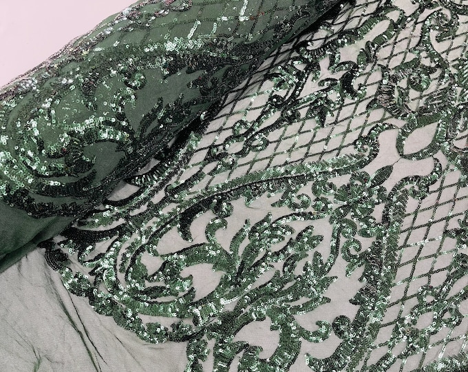 Hunter Green Sequin Fabric | 4 Way Stretch Mesh | Embroidered Damask Design With Sequin Lace Prom-Gown by the yard