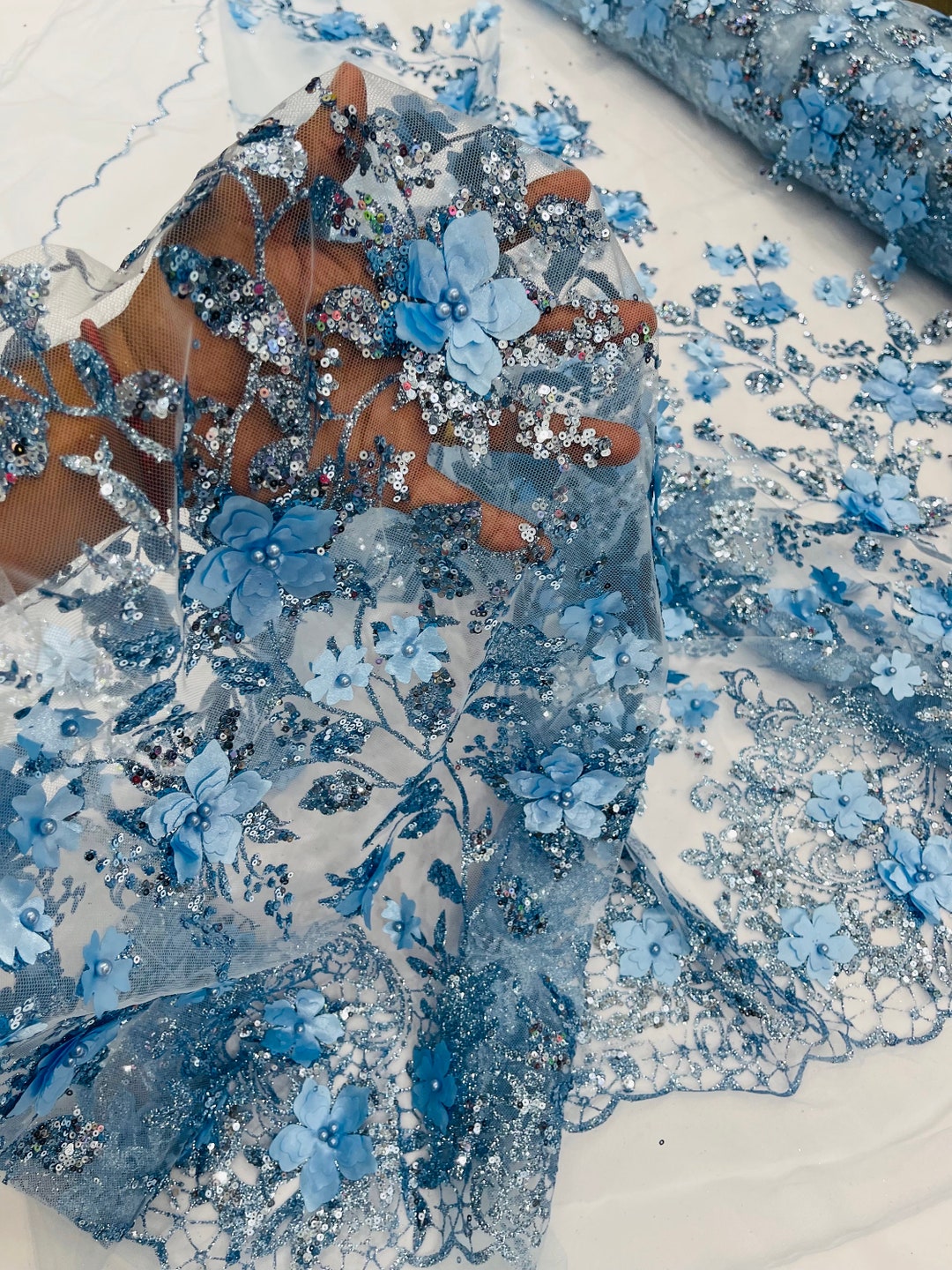 Baby Blue 3D Flower Sequin Fabric, Glitter Floral Mesh, Wedding Dress ...